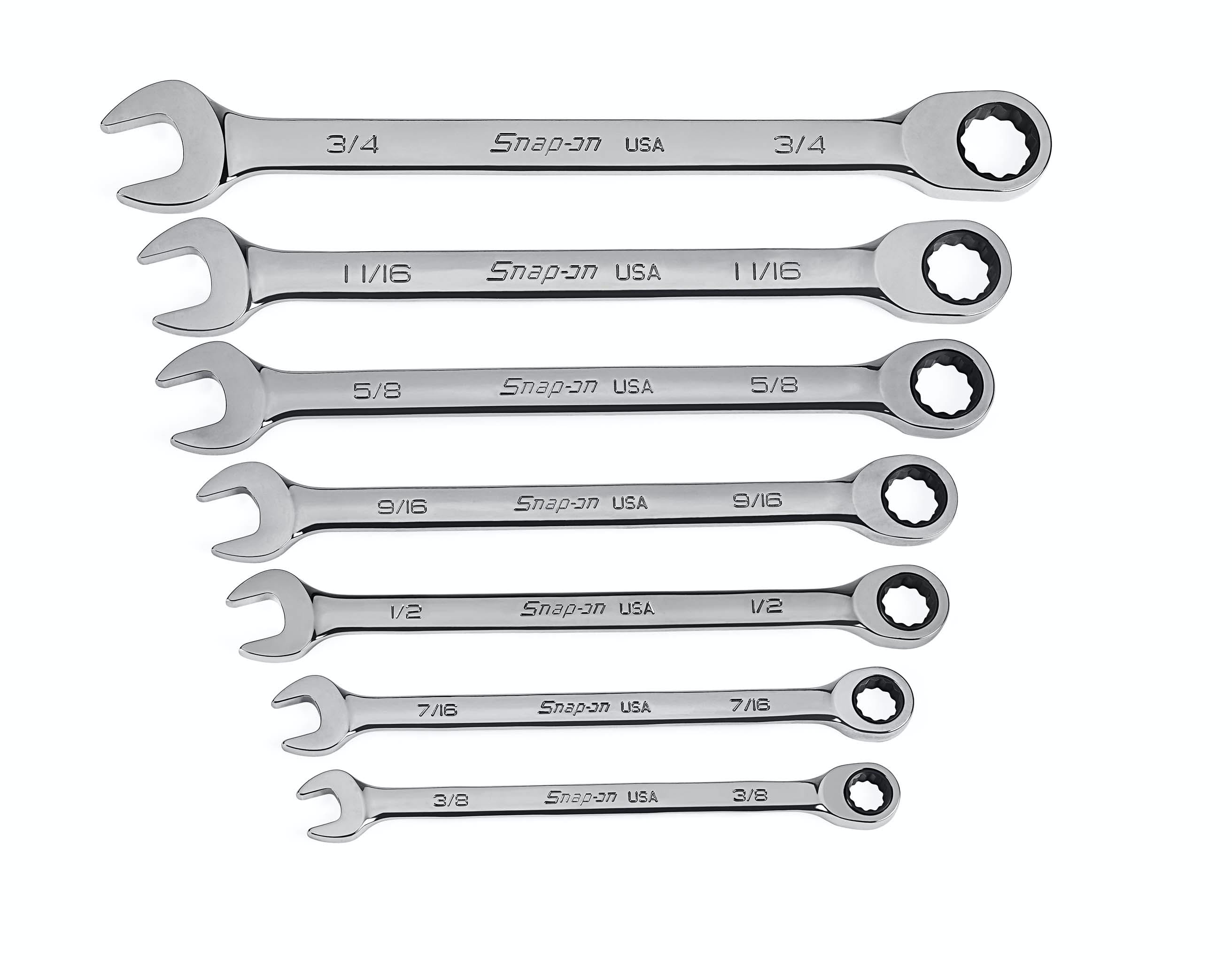 7 pc SAE Flank Drive® Non-Reversible Ratcheting Combination Wrench Set (3/8-3/4 7 pc SAE Flank Drive® Non-Reversible Ratcheting Combination Wrench Set (3/8-3/4